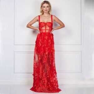 BLITHE RED FLORAL EMBROIDERED SHEER MESH BANDAGE BUSTIER CORSET MAXI  DRESS L